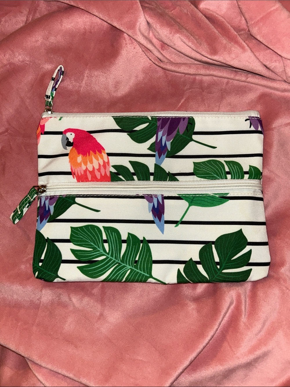 Tropical Parrot Print Zip Pouch - White, Green, Pink